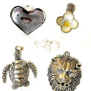 Lion Turtle Elephant Heart Pendants Lot of 5 Mixed Materials Sizes and Condition